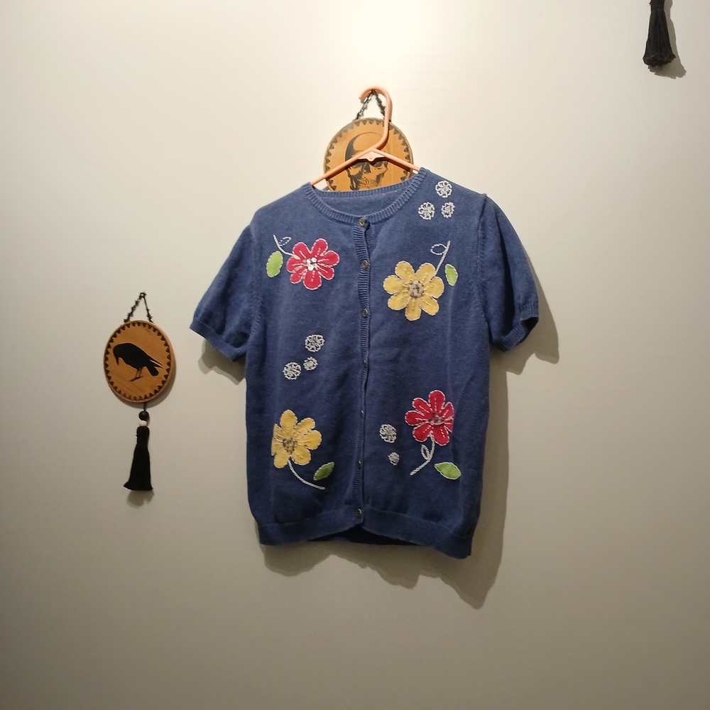 Vintage Blue Floral Embroidered Short Sleeved Knit Sweater